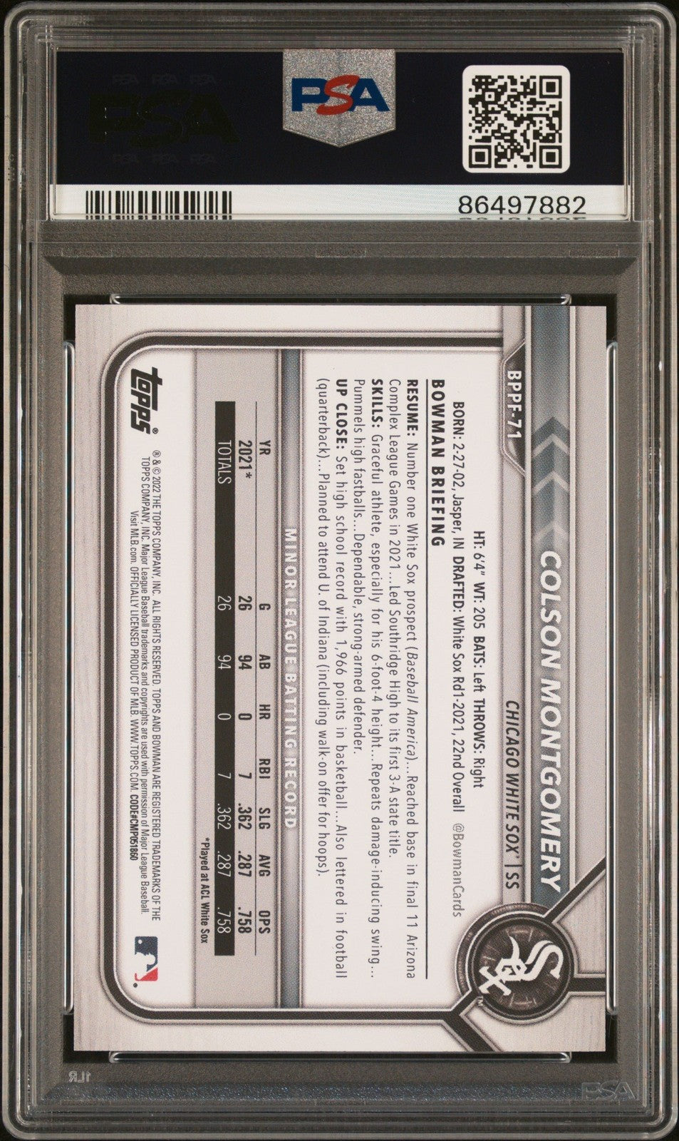 Graded 2022 Topps Bowman 1st Ed Colson Montgomery #BPPF71 Card PSA 10
