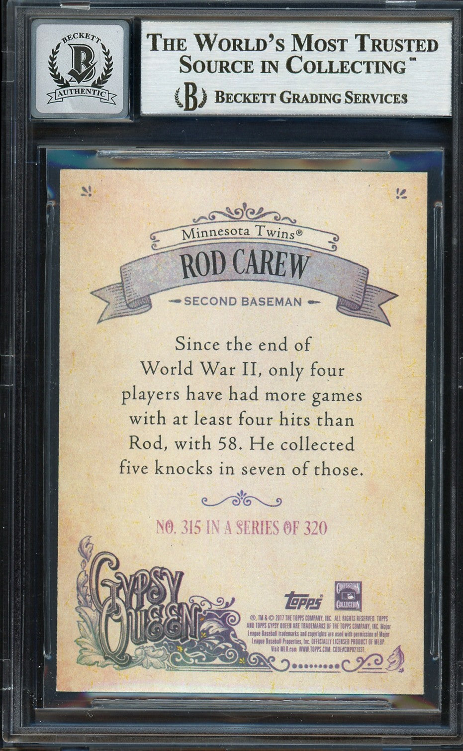 Rod Carew Auto Signed 2017 Topps Gypsy Queen Card 315 Twins Auto GM 10 Beckett