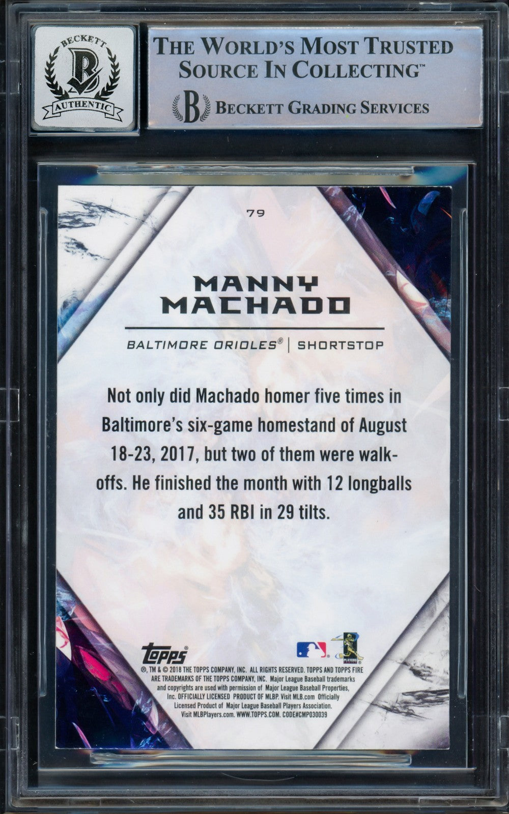 Manny Machado Signed 2018 Topps Fire Card 79 Orioles Auto GM 10 Beckett