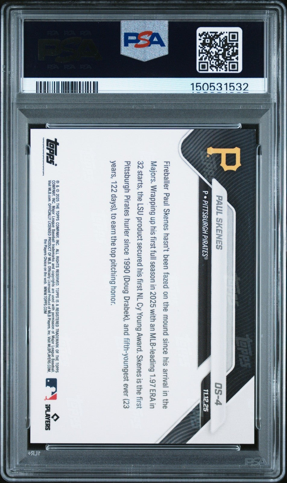 Graded 2025 Topps Now Paul Skenes #OS4 Offseason Card PSA 10 Gem Mint