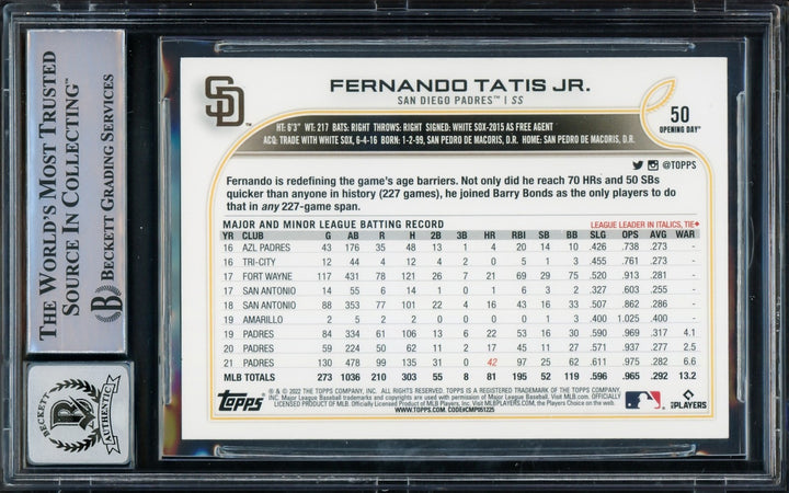 Fernando Tatis Jr. Auto 2022 Topps Opening Day Card 50 Padres Auto GM 10 Beckett