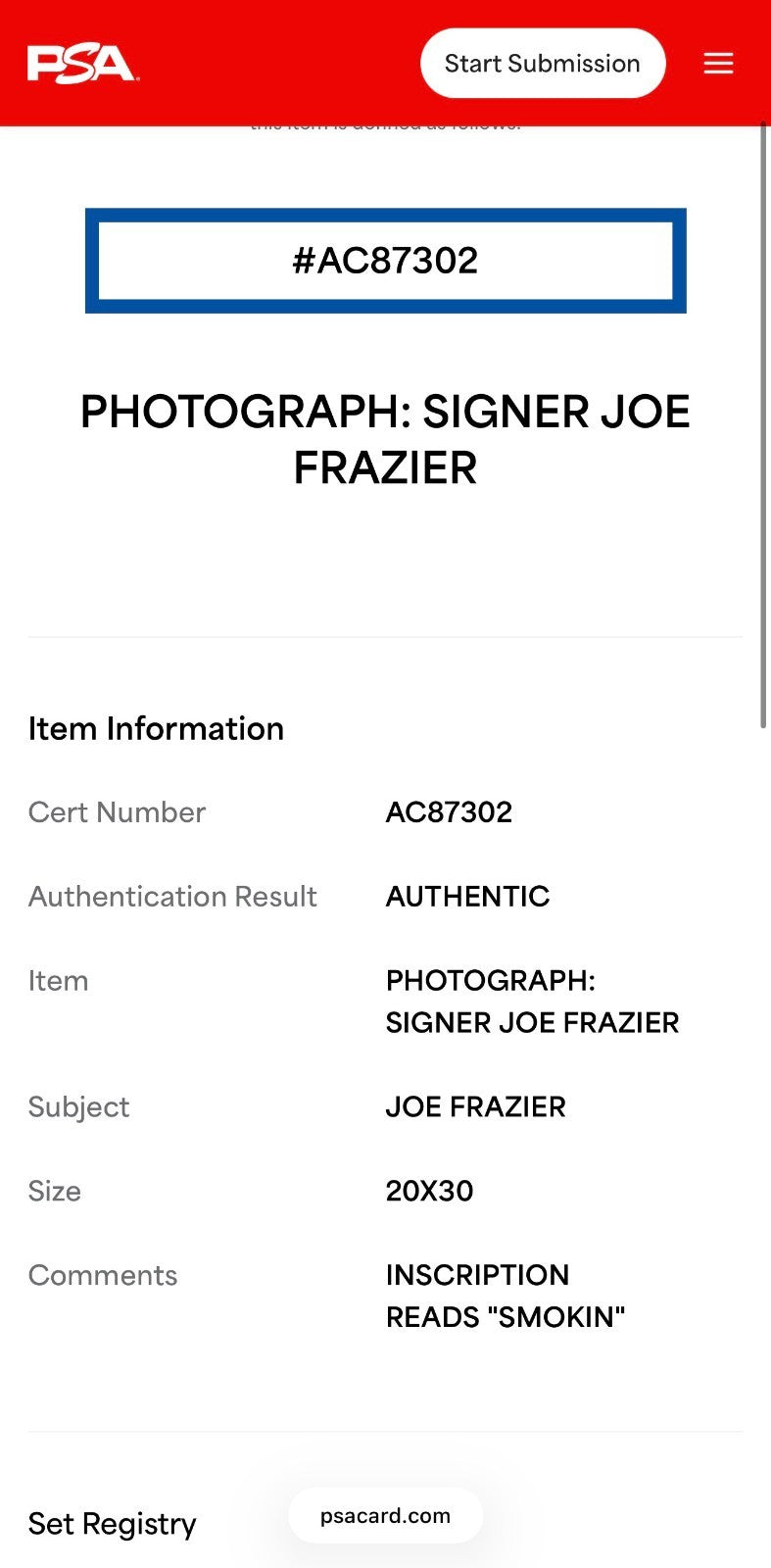 Joe Frazier Signed 20x30 Photo Smokin Auto LE /100 PSA COA HOF Vs Muhammad Ali