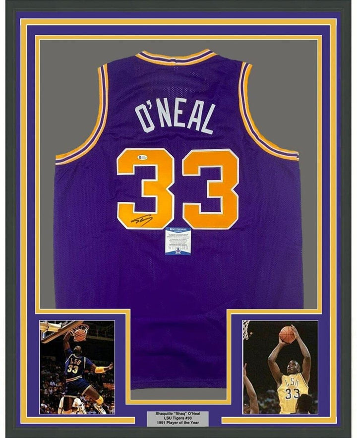 Framed Autographed/Signed Shaquille Shaq O'Neal 35x39 LSU Purple Jersey BAS COA