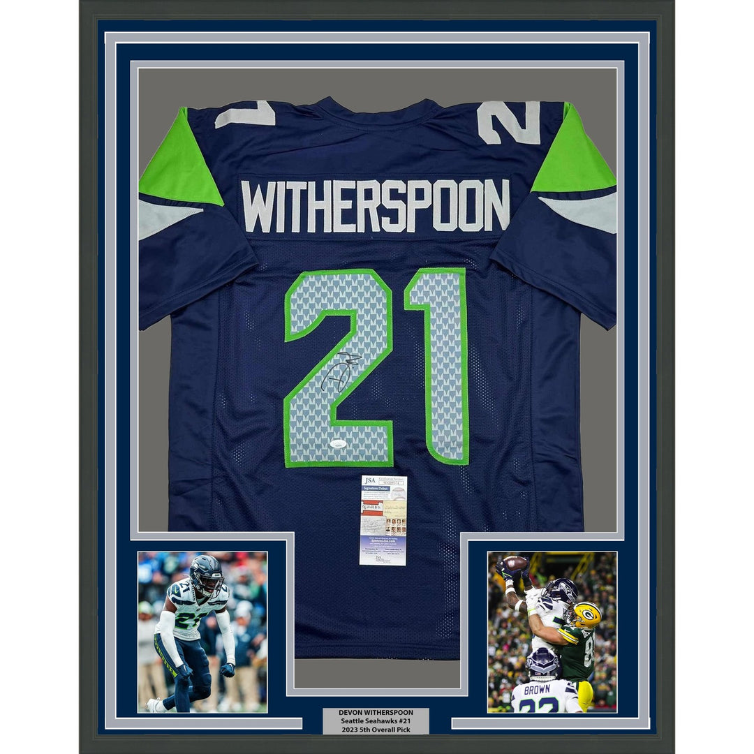 Framed Signed Devon Witherspoon 35x39 Seattle Blue Jersey JSA COA