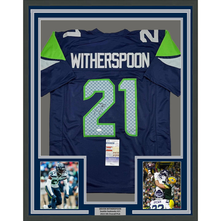Framed Signed Devon Witherspoon 35x39 Seattle Blue Jersey JSA COA