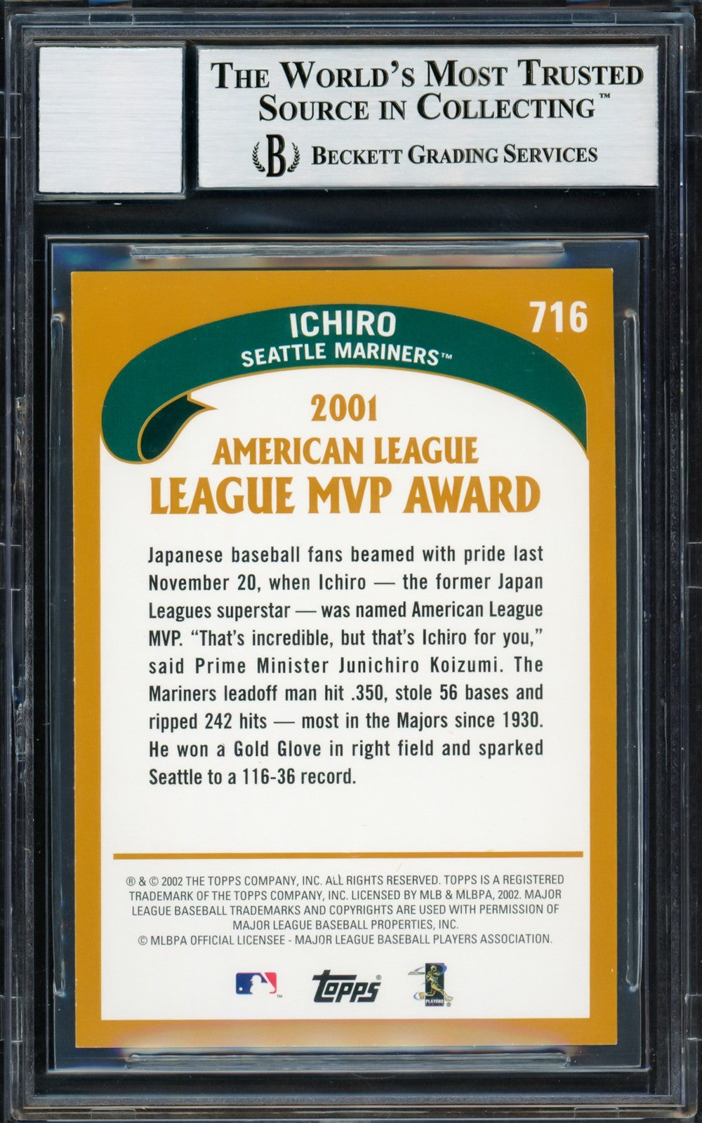 Ichiro Suzuki Signed 2002 Topps Card 716 Seattle Mariners Auto GM 10 Beckett