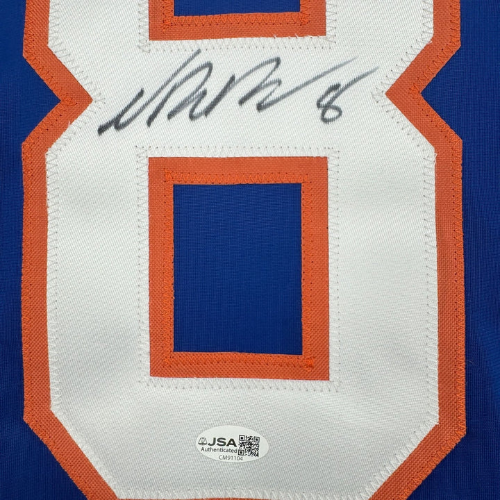 Autographed/Signed Noah Dobson New York Blue Hockey Jersey JSA COA