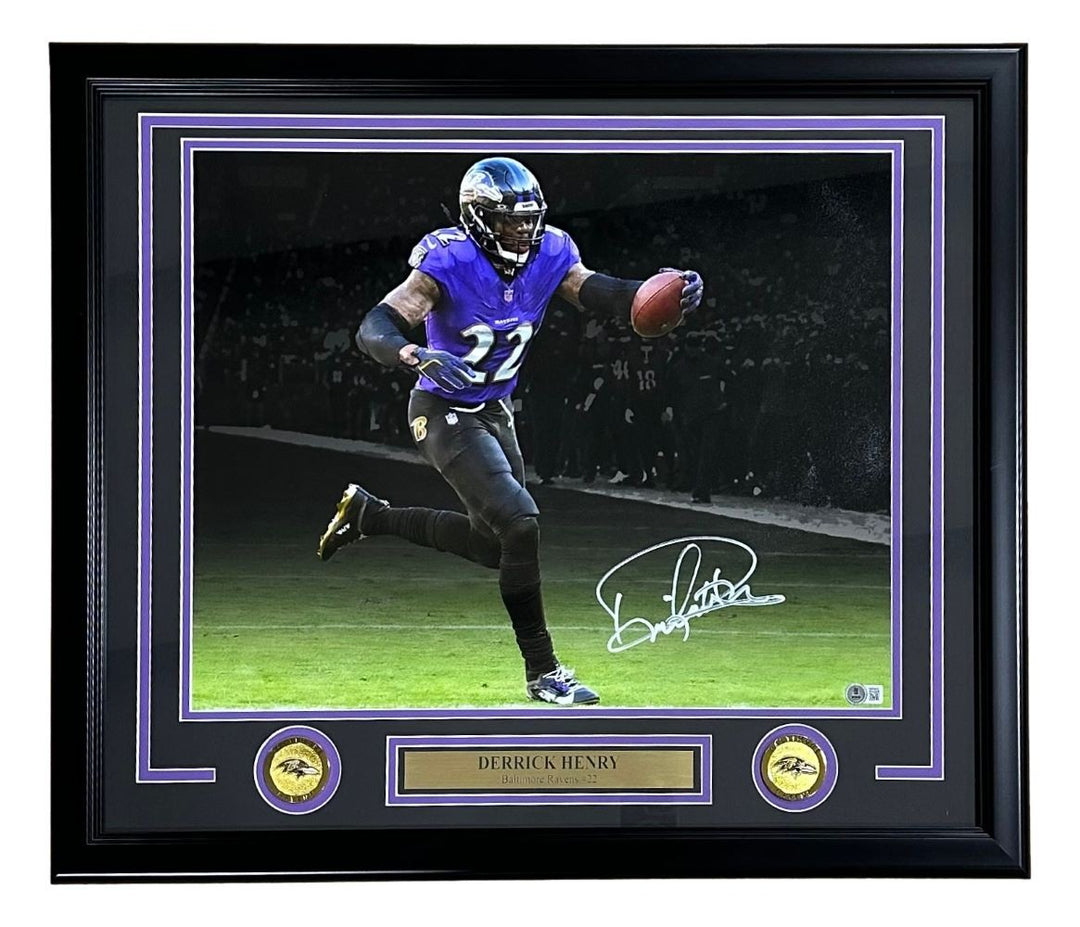 Derrick Henry Signed Framed 16x20 Baltimore Ravens Purple Jersey Photo BAS 56583
