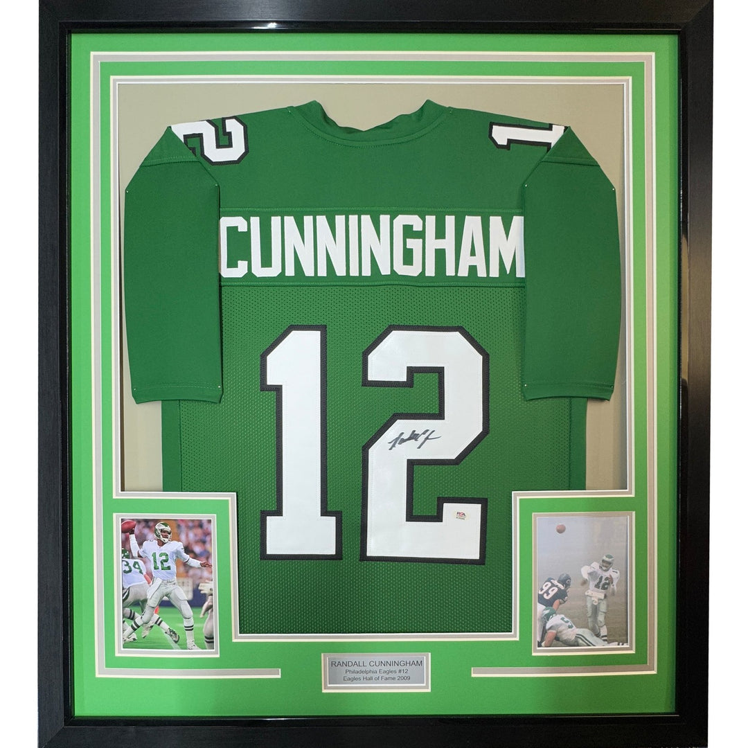 Framed Signed Randall Cunningham 35x39 Philly Green Jersey JSA COA