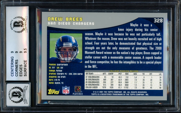 Drew Brees Signed 2001 Topps RC 328 San Diego Chargers BGS 9 Auto GM 10 Beckett