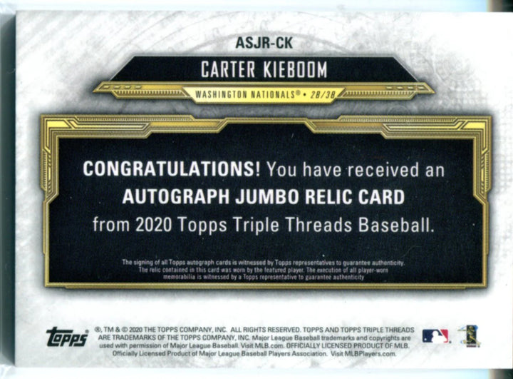 Carter Kieboom Autographed 2020 Topps Triple Threads Jersey Card #ASJR-CK