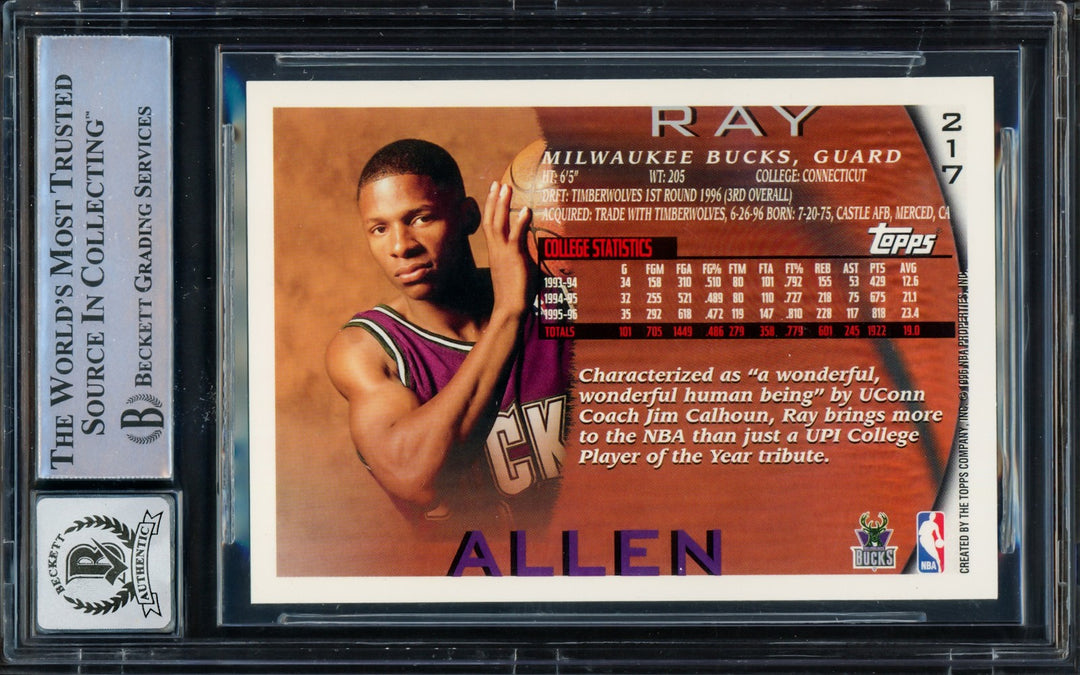 Ray Allen Signed 1996 Topps RC 217 Milwaukee Bucks Auto GM 10 Beckett