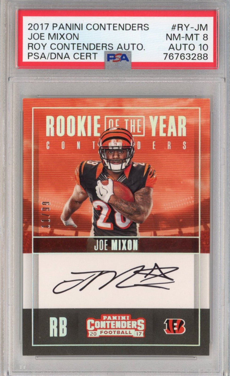 Graded 2017 Panini Contenders Joe Mixon #RY-JM ROY Rookie Card PSA 8 Auto 10