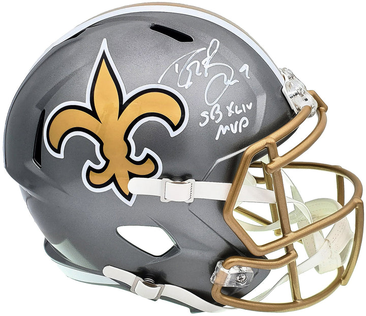 Drew Brees Auto Saints Flash Silver Full Size Rep Speed Helmet SB 44 MVP Beckett