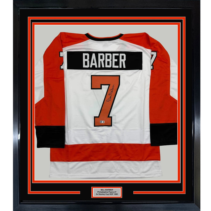 Framed Autographed/Signed Bill Barber 35x39 White Hockey Jersey BAS COA