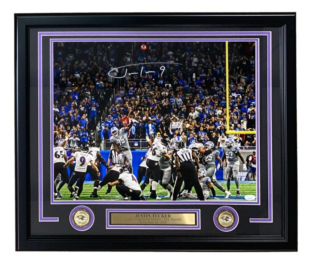 Justin Tucker Signed Framed 16x20 Ravens Record Kick Photo JSA ITP