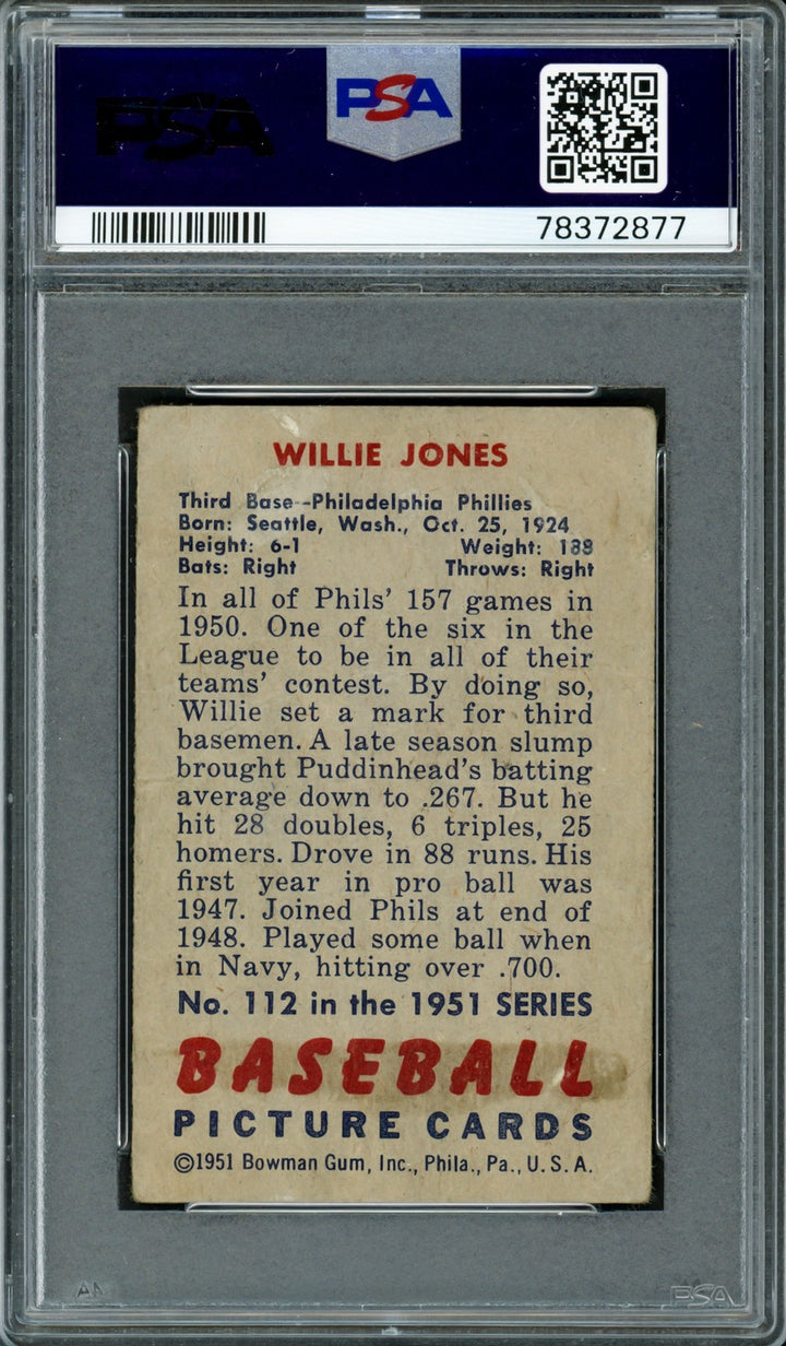 Willie Jones Signed 1951 Bowman Card #112 Philadelphia Phillies PSA/DNA