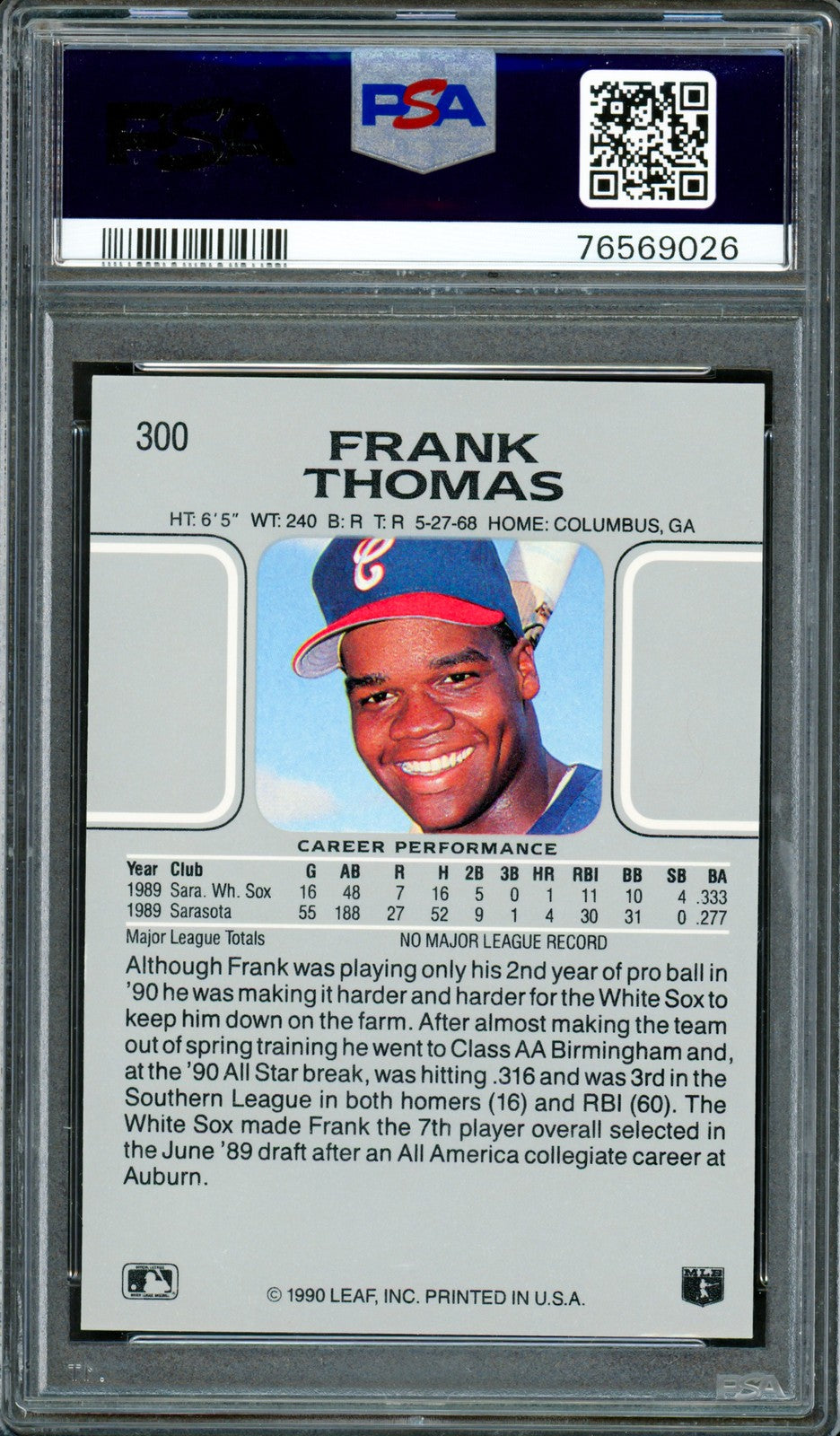 Frank Thomas Signed 1990 Leaf RC 300 Chicago White Sox PSA 9 Auto Mint 9 PSA/DNA