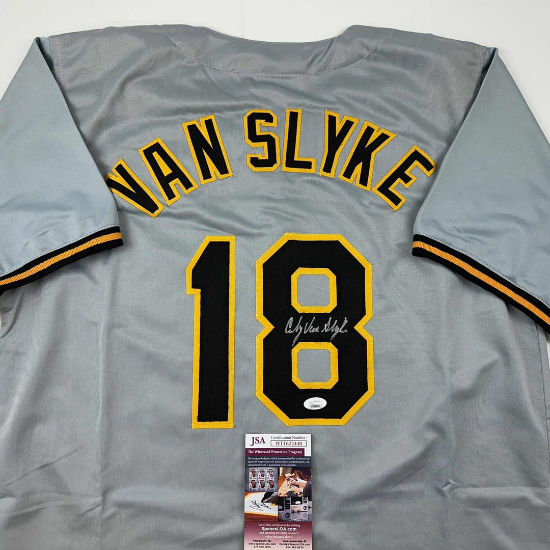 Autographed/Signed Andy Van Slyke Pittsburgh Grey Baseball Jersey JSA COA
