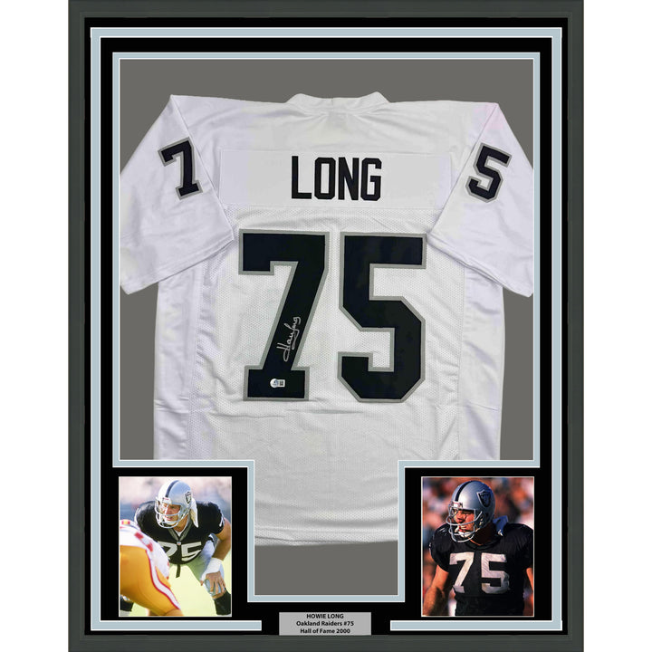 Framed Autographed/Signed Howie Long 35x39 Oakland White Jersey Beckett BAS COA