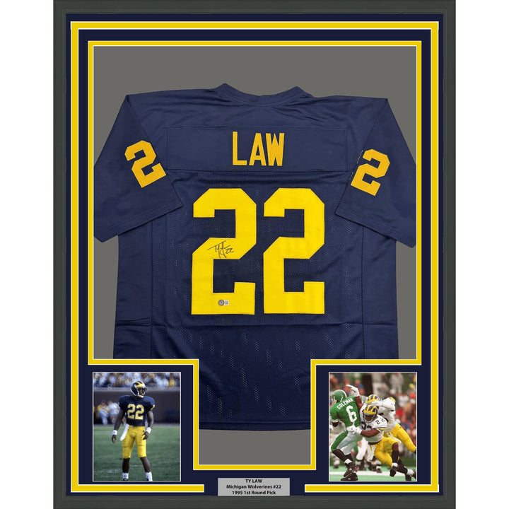 Framed Autographed Ty Law 35x39 Michigan Blue College Jersey BAS COA