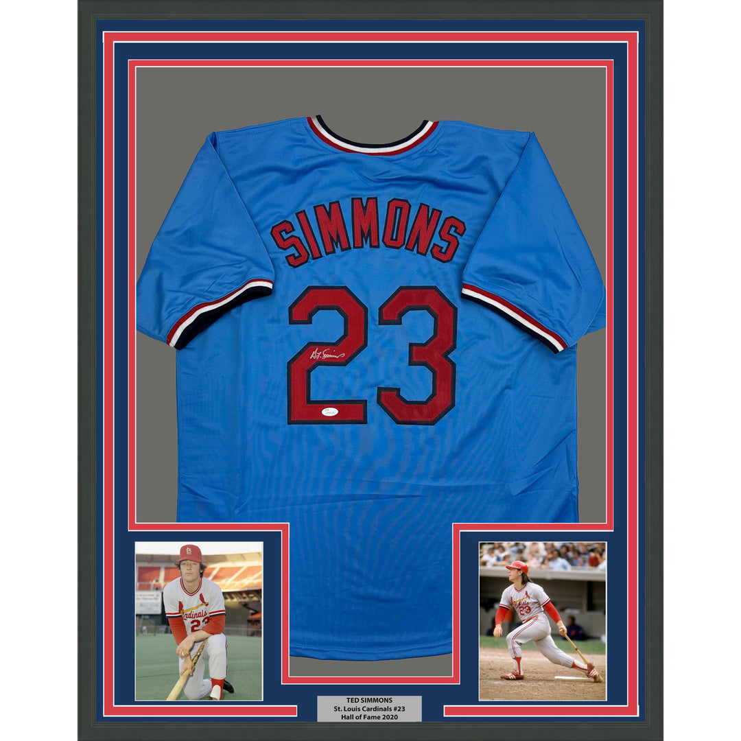 Framed Autographed/Signed Ted Simmons 35x39 St. Louis Blue Jersey JSA COA