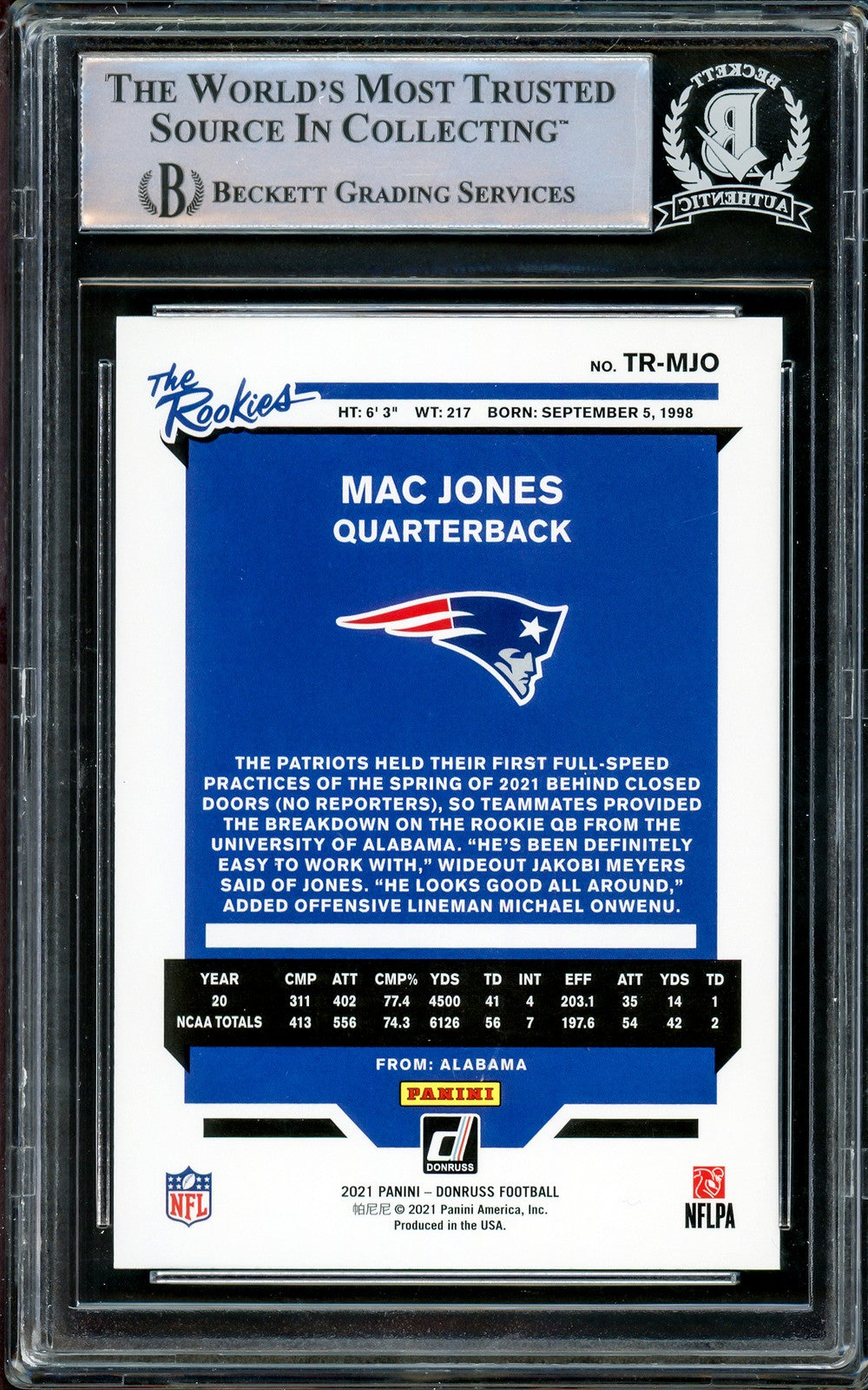 Mac Jones Signed 2021 Panini Donruss The Rookies RC TR-MJO Patriots Beckett