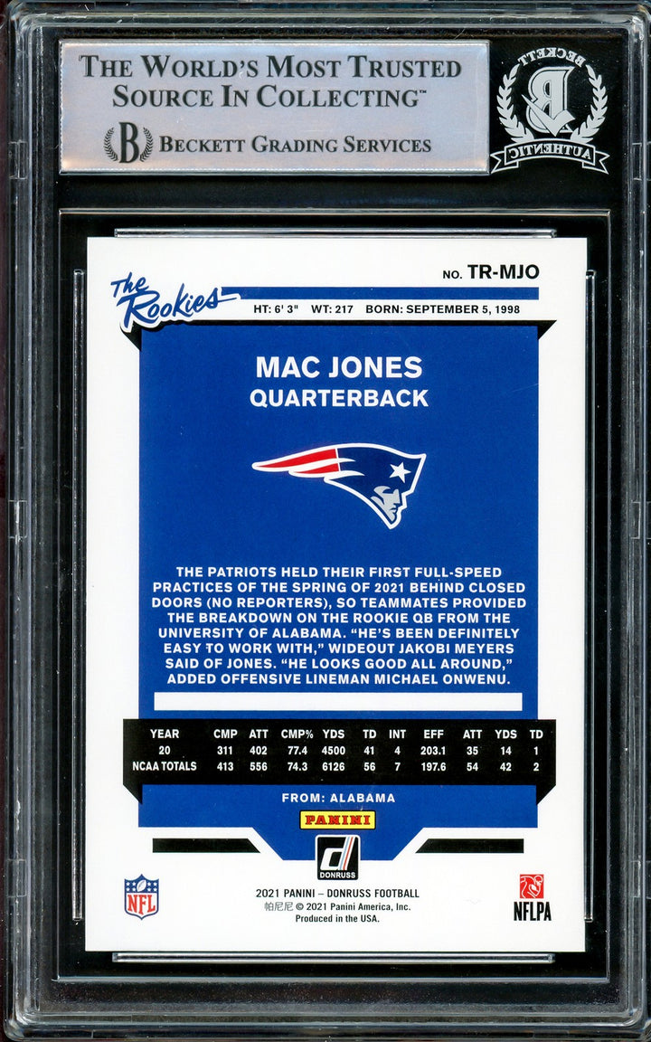 Mac Jones Signed 2021 Panini Donruss The Rookies RC TR-MJO Patriots Beckett