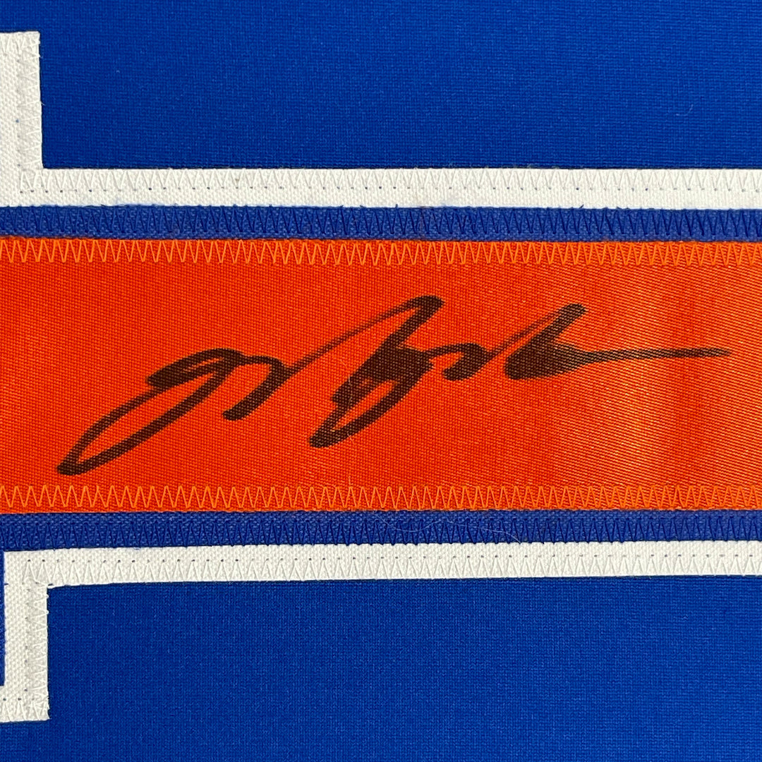 FRAMED Autographed/Signed MARK MESSIER 33x42 Edmonton Blue Hockey Jersey JSA COA