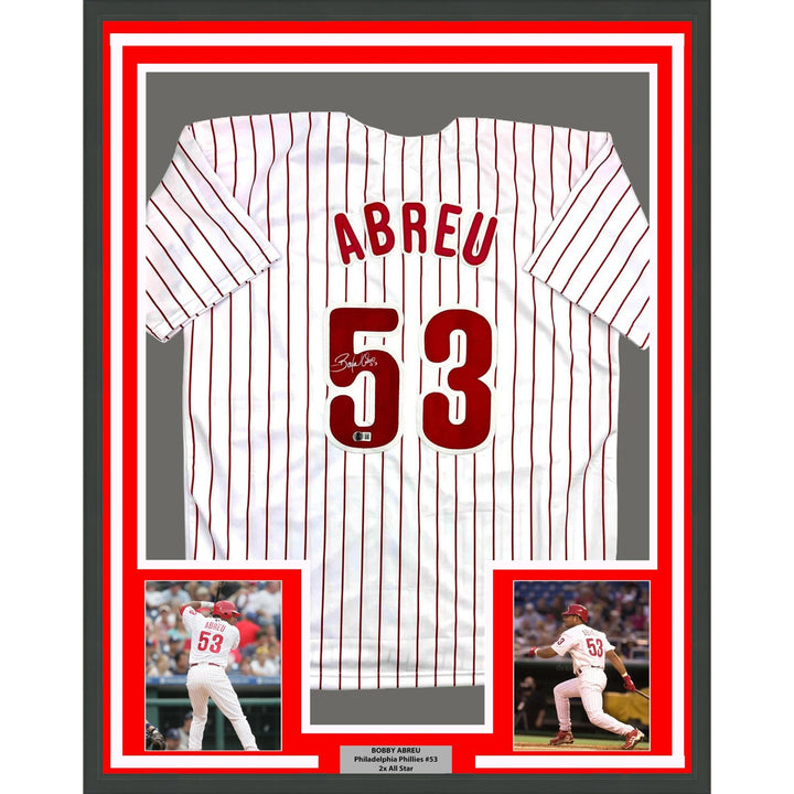 Framed Autographed/Signed Bobby Abreu 35x39 Philadelphia Pin Jersey BAS COA