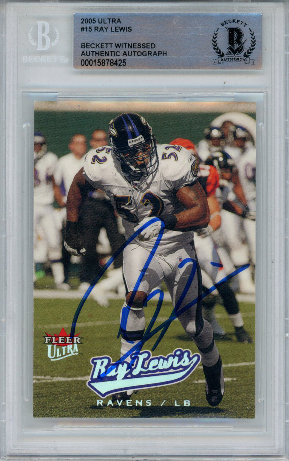 Ray Lewis Autographed 2005 Ultra #15 Trading Card Beckett Slab 43365