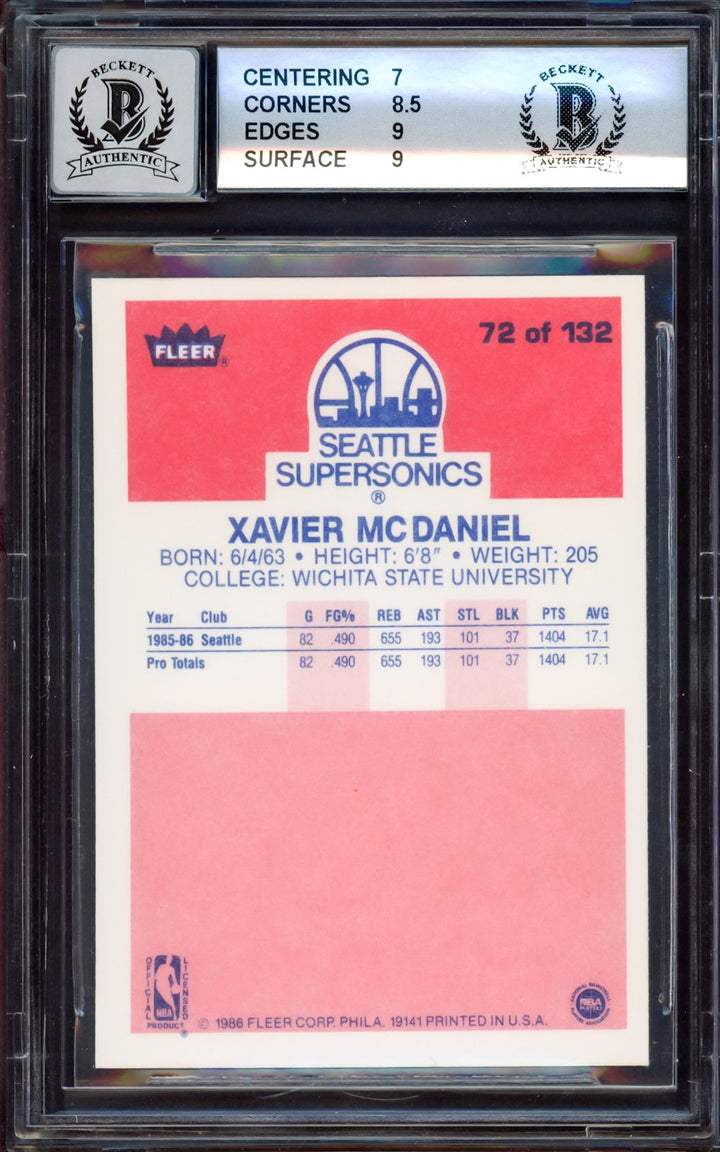 Xavier McDaniel Auto 1986-87 Fleer RC 72 Supersonics BGS 7.5 Auto GM 10 Beckett