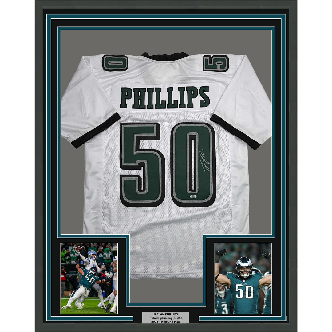 Framed Autographed/Signed Jaelan Phillips 35x39 Philly White Jersey PSA/DNA COA