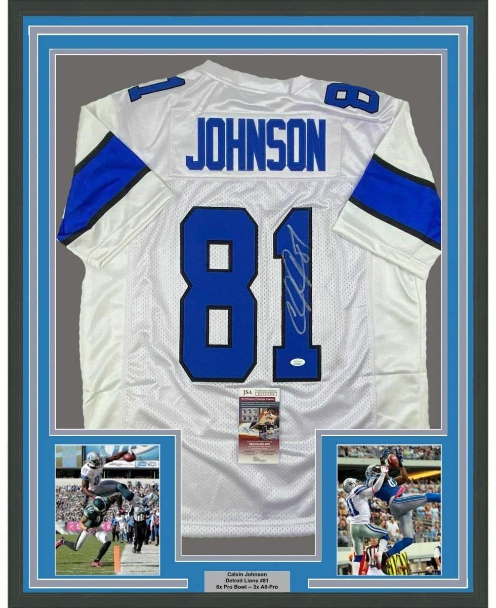Framed Signed Calvin Johnson 35x39 Detroit White Jersey JSA COA #2