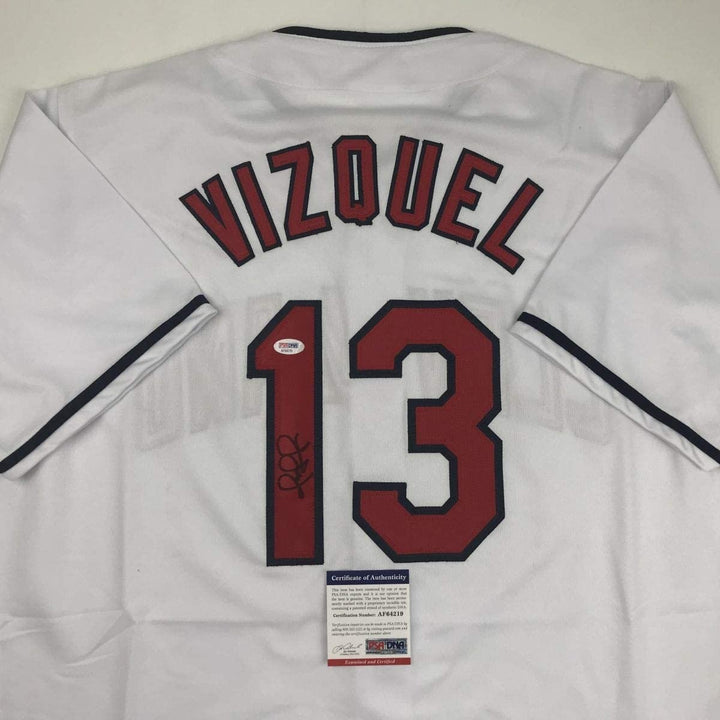 Autographed/Signed OMAR VIZQUEL Cleveland White Jersey PSA/DNA COA Auto