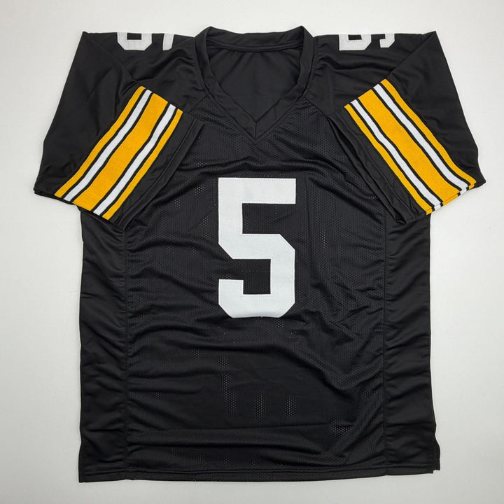 Autographed/Signed Terry Hanratty Pittsburgh Black Jersey Beckett BAS COA