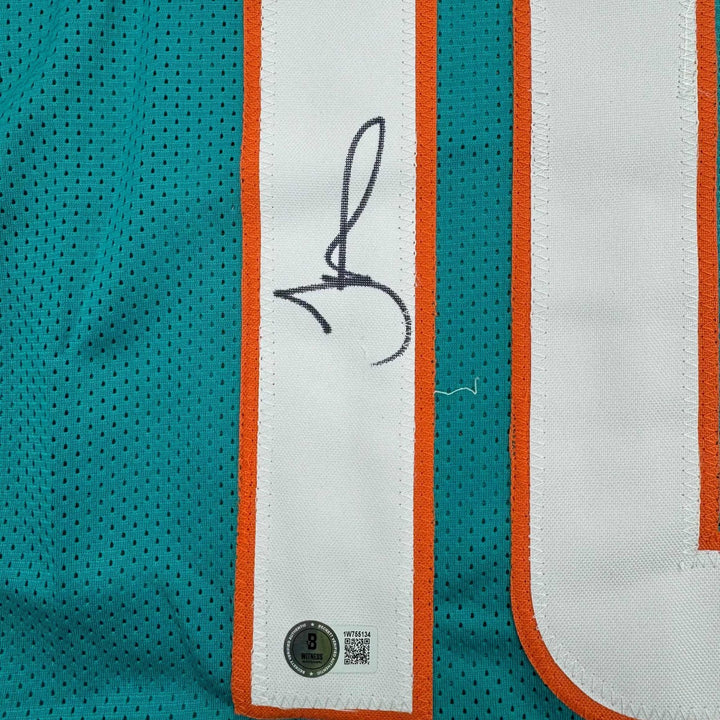 Framed Autographed/Signed Tyreek Hill 35x39 Miami Teal Jersey Beckett COA