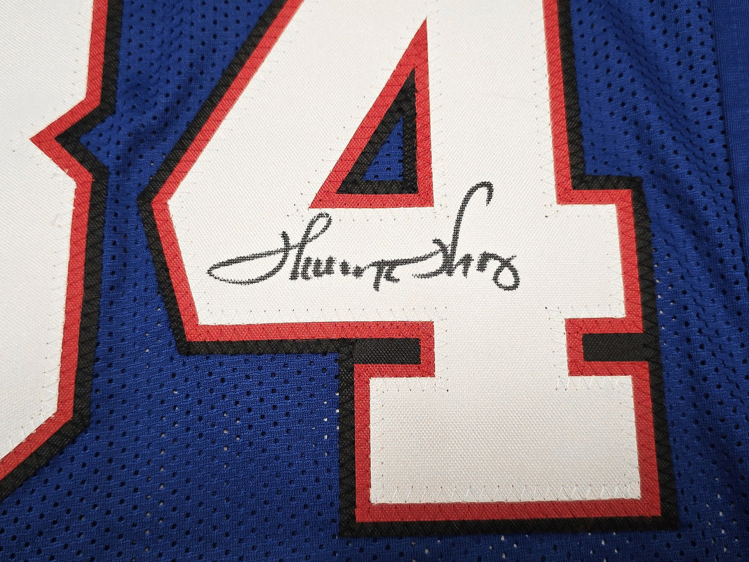 Bills Jim Kelly, Thurman Thomas & Andre Reed Signed Blue Jersey Beckett Witness