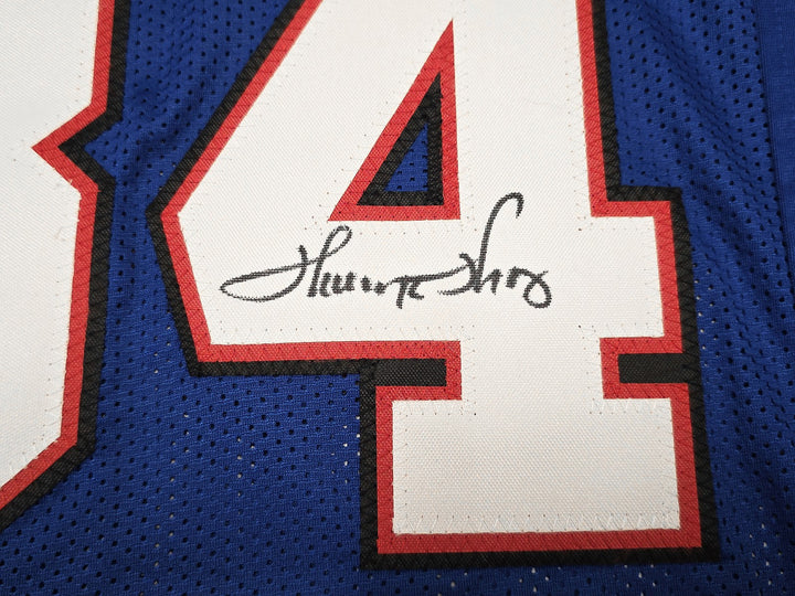 Bills Jim Kelly, Thurman Thomas & Andre Reed Signed Blue Jersey Beckett Witness
