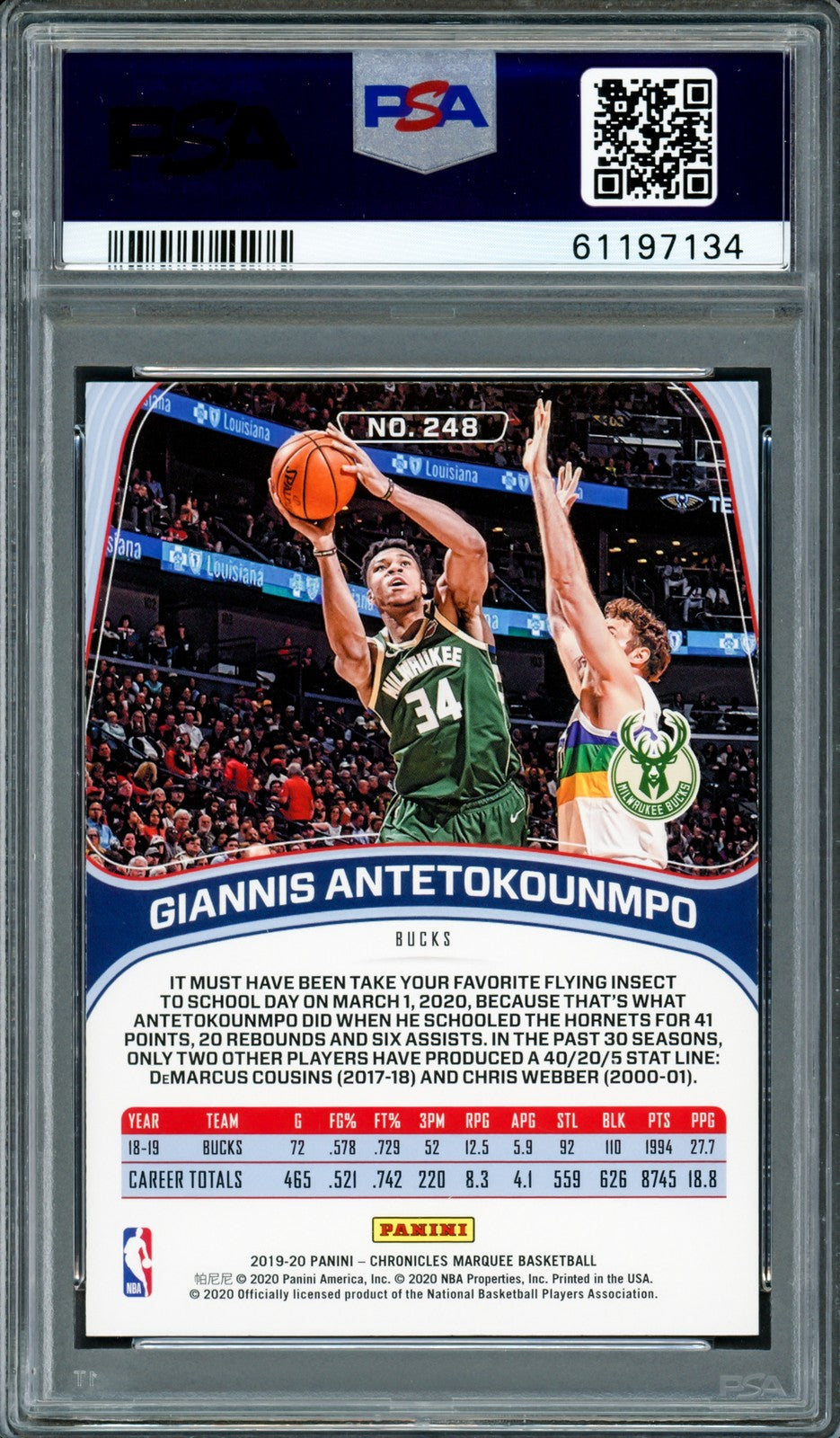 Giannis Antetokounmpo Signed 2019 Panini Chronicles Card 248 Bucks PSA 9 PSA/DNA