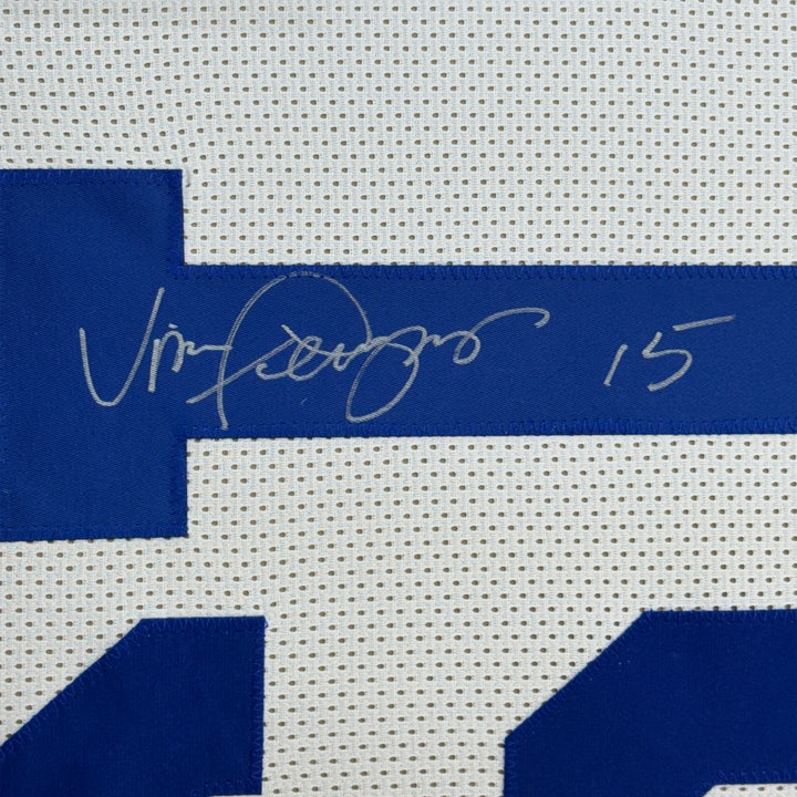 Framed Autographed/Signed Vince Ferragamo 35x39 Los Angeles White Jersey JSA COA