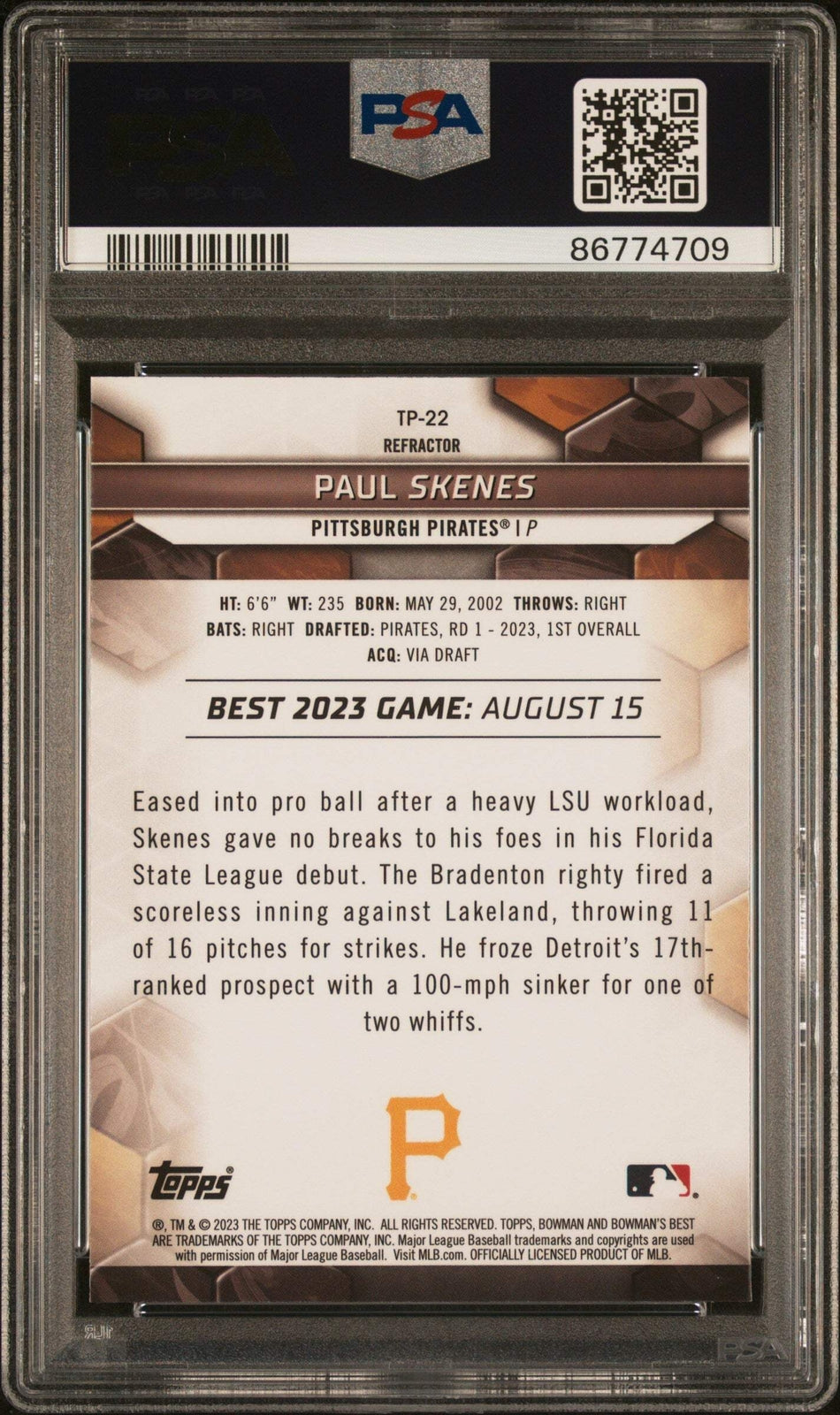 Graded 2023 BWM Best Paul Skenes #TP22 Top Prospects REF RC Baseball Card PSA 10