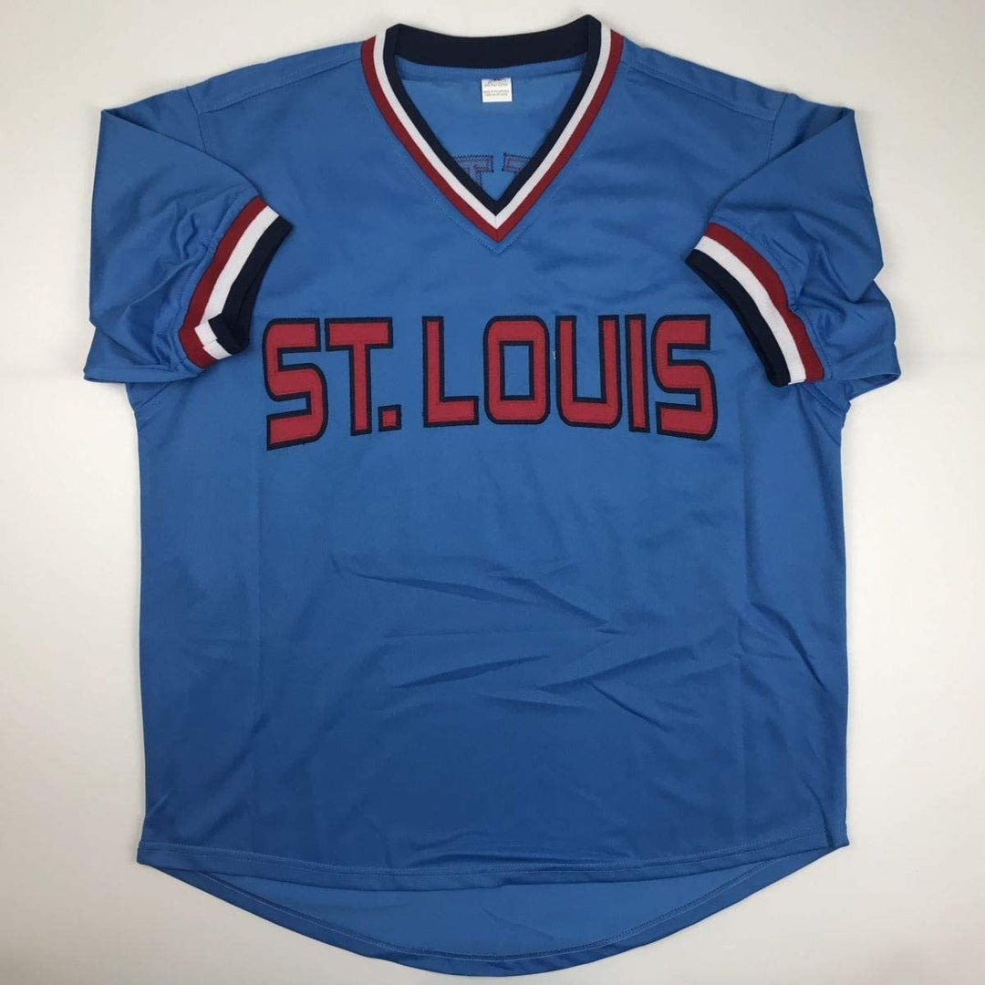 Autographed/Signed Bruce Sutter HOF 06 St. Louis Blue Jersey JSA COA