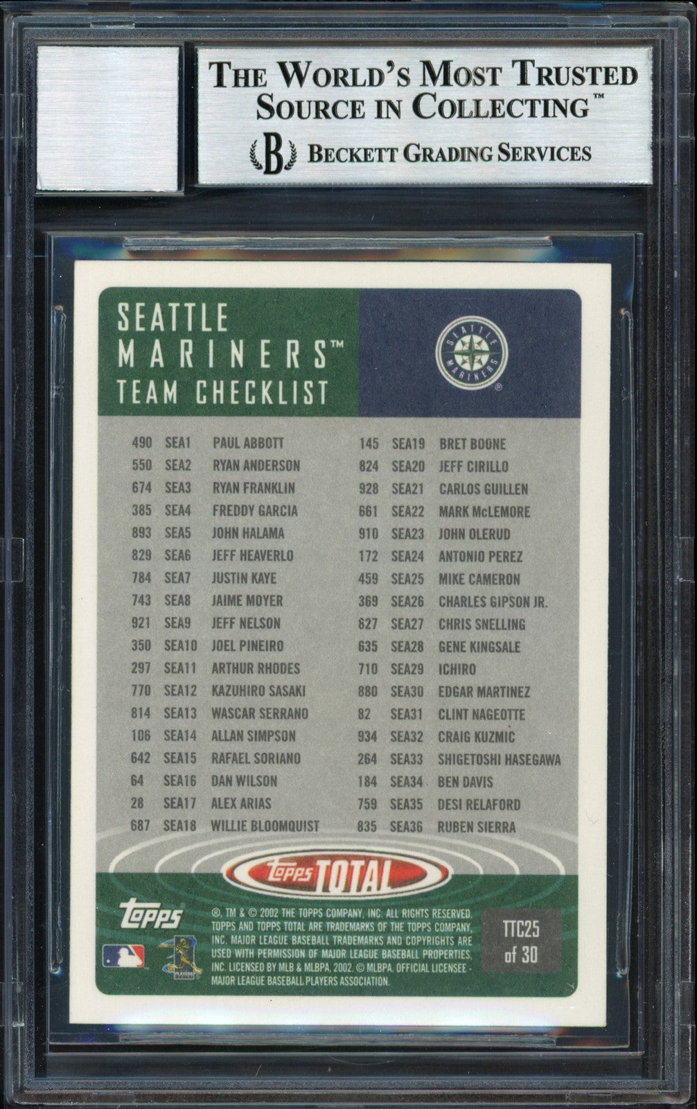 Ichiro Suzuki Signed 2002 Topps Total Card 25 Mariners Auto 10 Beckett #12491006