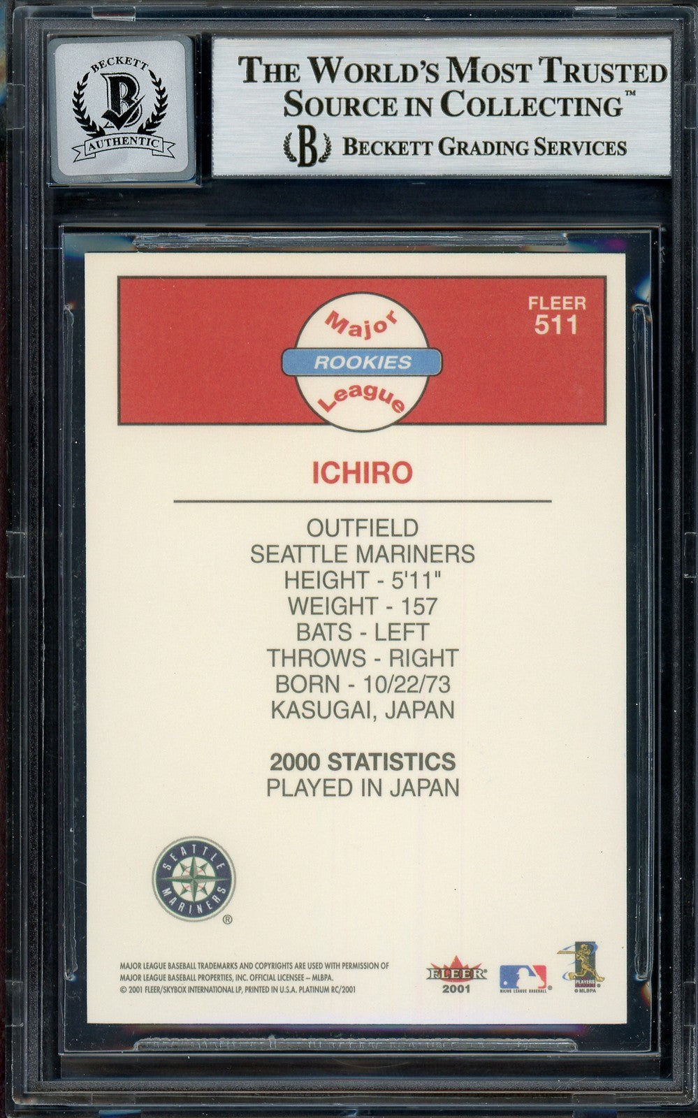 Ichiro Suzuki Auto Signed 2001 Fleer Platinum RC 511 Mariners Auto GM 10 Beckett