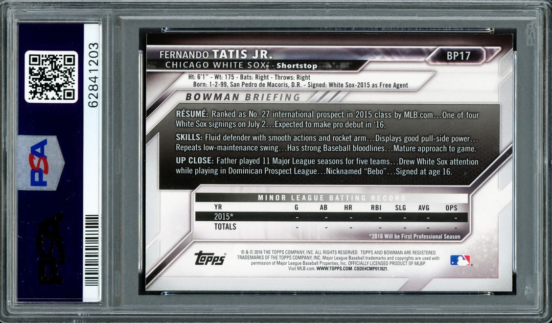 Fernando Tatis Jr Auto 2016 Bowman Prospects RC BP17 Padres PSA 9 Auto Mint 9