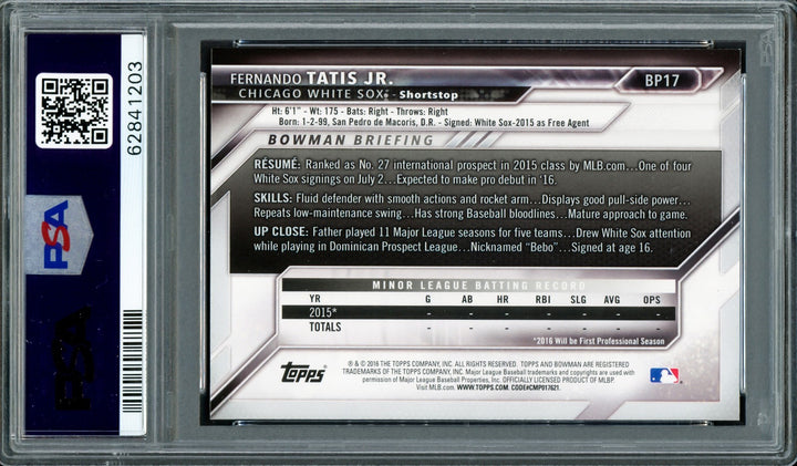 Fernando Tatis Jr Auto 2016 Bowman Prospects RC BP17 Padres PSA 9 Auto Mint 9