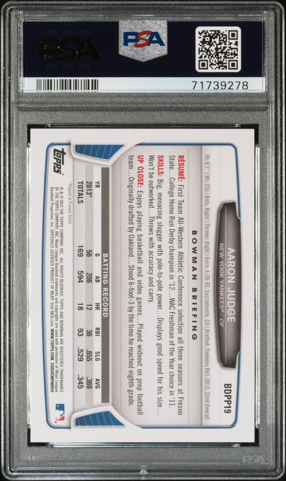 Graded 2013 Bowman DP & Prospects Aaron Judge #BDPP19 RC Card PSA 10