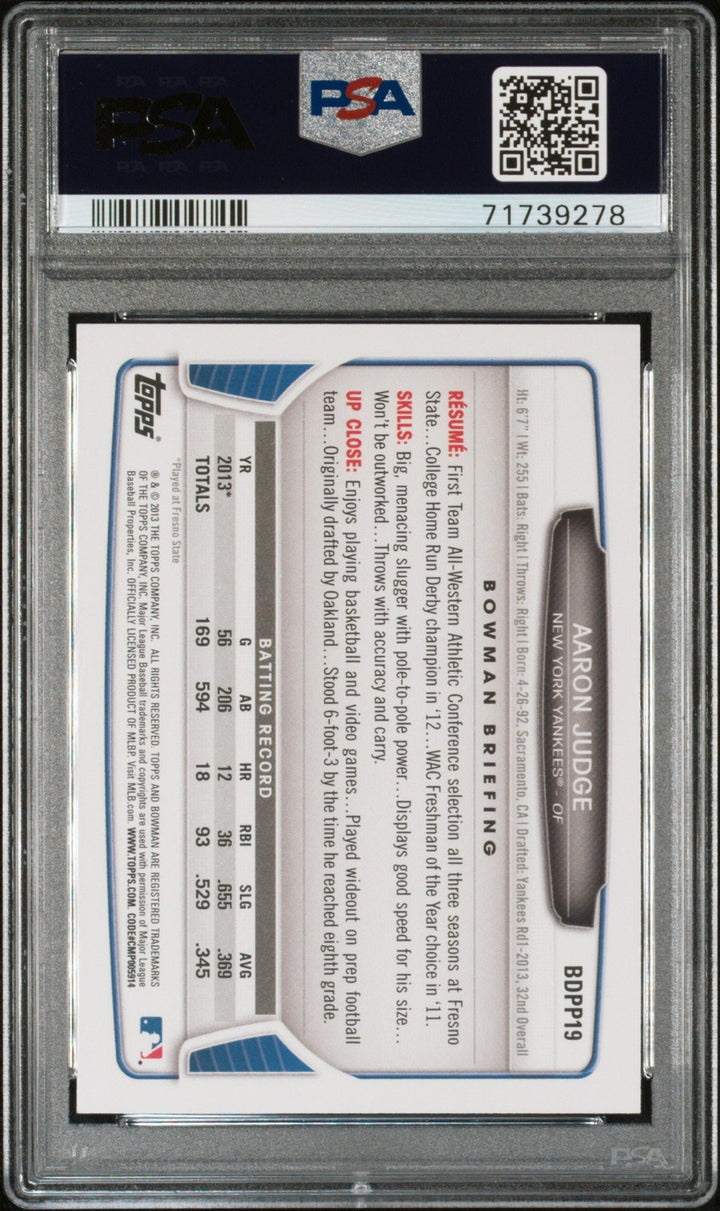 Graded 2013 Bowman DP & Prospects Aaron Judge #BDPP19 RC Card PSA 10