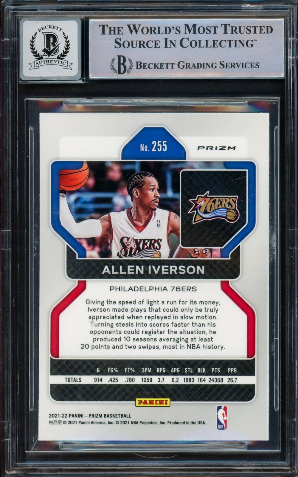 Allen Iverson Auto 2021-22 Panini Prizm Ice Card 255 76ers Sig 10 Beckett Wit